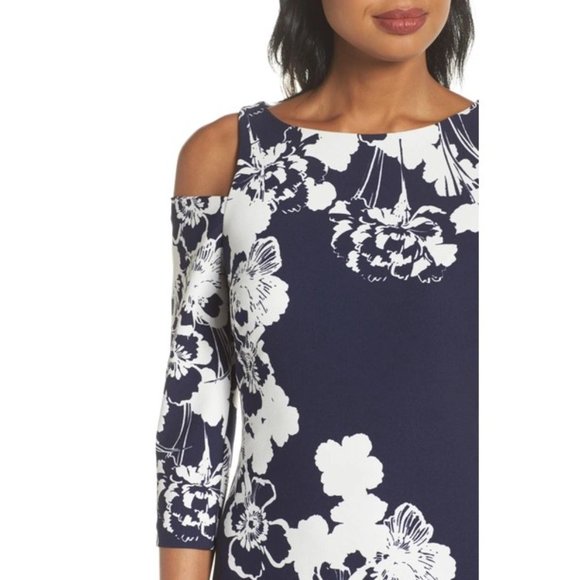 Eliza J Navy Blue and White Floral Cold Shoulder Knee Length Dress Size 6 EUC - Picture 1 of 10